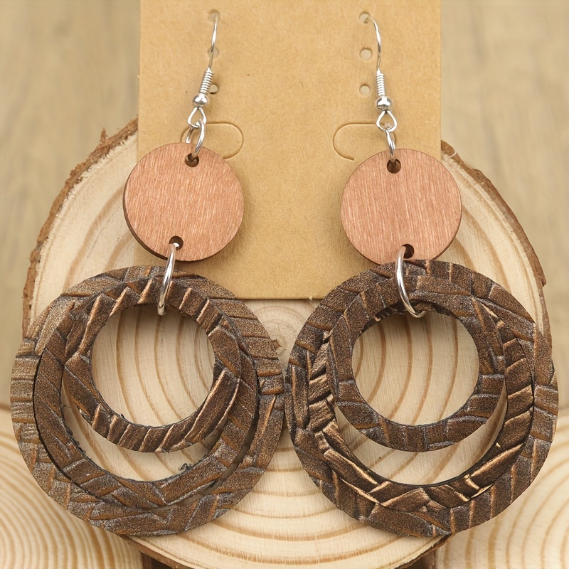 Bohemian Style PU Leather Stacked Wooden Earrings